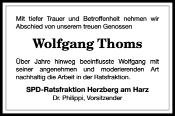 Traueranzeige von Wolfgang Thoms von Harz Kurier