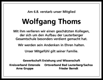 Traueranzeige von Wolfgang Thoms von Harz Kurier