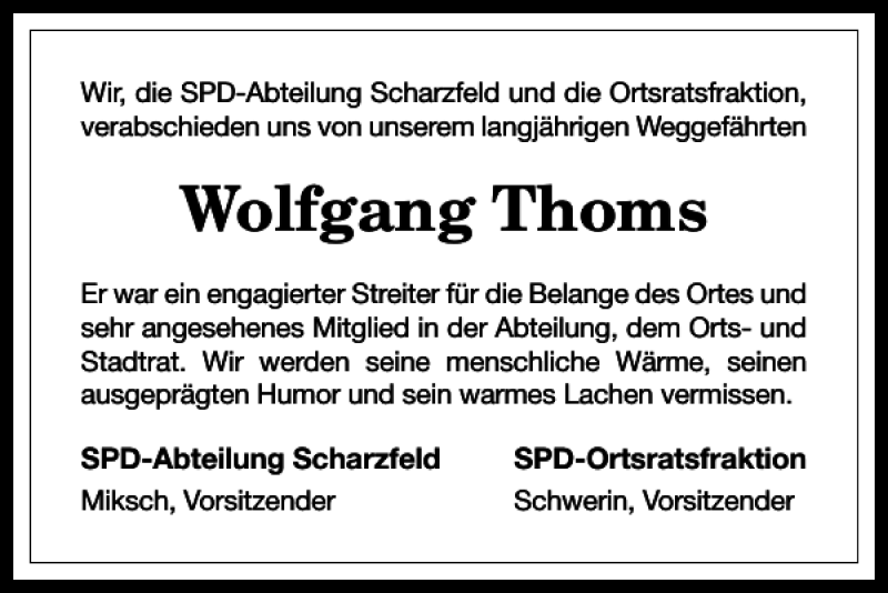  Traueranzeige für Wolfgang Thoms vom 16.08.2017 aus Harz Kurier