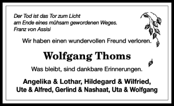 Traueranzeige von Wolfgang Thoms von Harz Kurier
