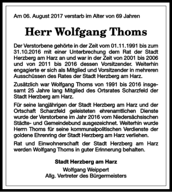 Traueranzeige von Wolfgang Thoms von Harz Kurier