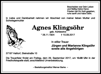 Traueranzeige von Agnes Klingsöhr von Harz Kurier