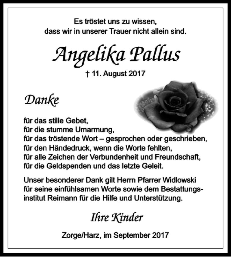  Traueranzeige für Angelika Pallus vom 16.09.2017 aus Harz Kurier