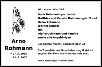 Traueranzeige von Arno Rohmann von Harz Kurier