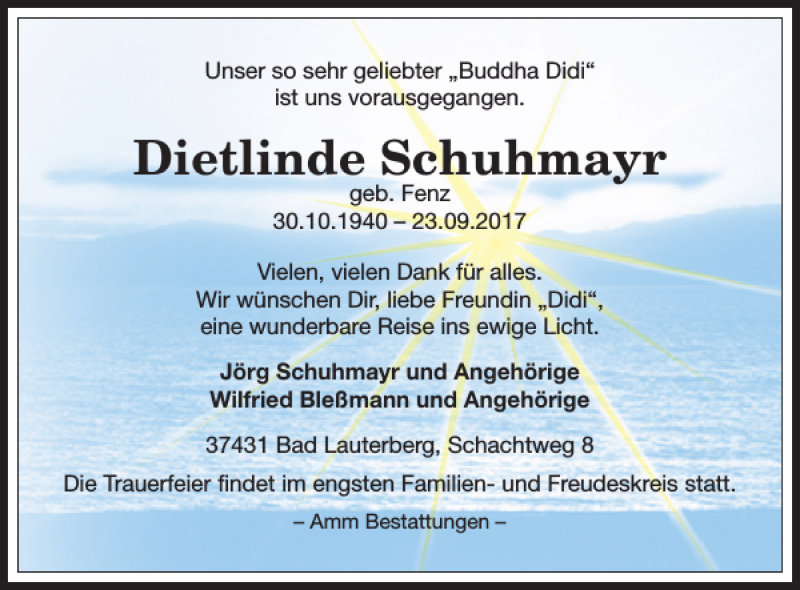  Traueranzeige für Dietlinde Schuhmayr vom 30.09.2017 aus Harz Kurier