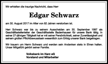 Traueranzeige von Edgar Schwarz von Harz Kurier