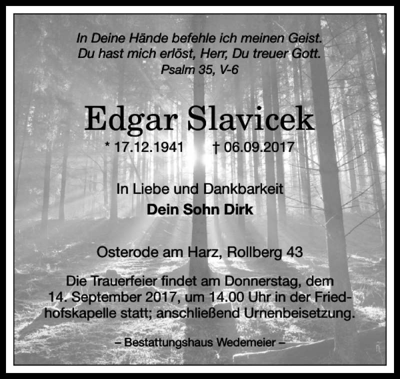  Traueranzeige für Edgar Slavicek vom 09.09.2017 aus Harz Kurier