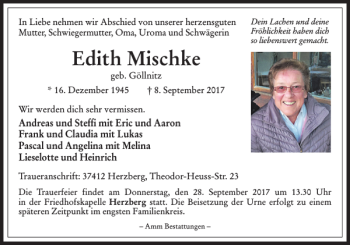Traueranzeige von Edith Mischke von Harz Kurier