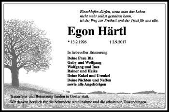 Traueranzeige von Egon Härtl von Harz Kurier