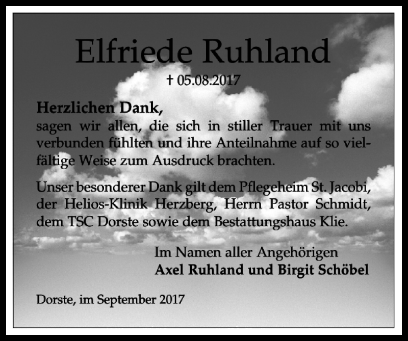  Traueranzeige für Elfriede Ruhland vom 06.09.2017 aus Harz Kurier