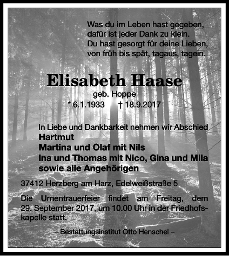  Traueranzeige für Elisabeth Haase vom 23.09.2017 aus Harz Kurier