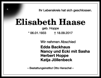 Traueranzeige von Elisabeth Haase von Harz Kurier