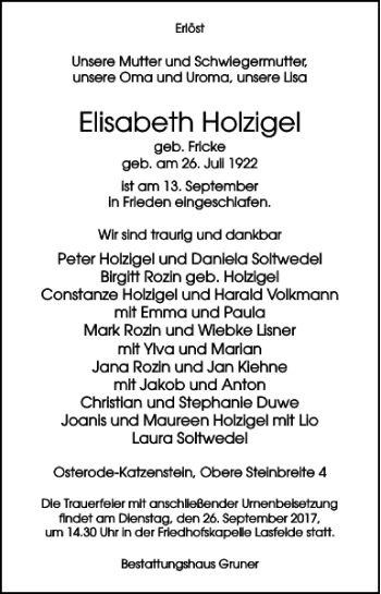Traueranzeige von Elisabeth Holzigel von Harz Kurier