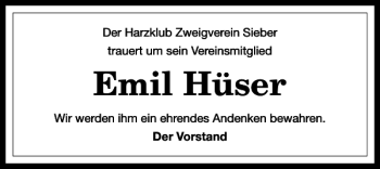 Traueranzeige von Emil Hüser von Harz Kurier
