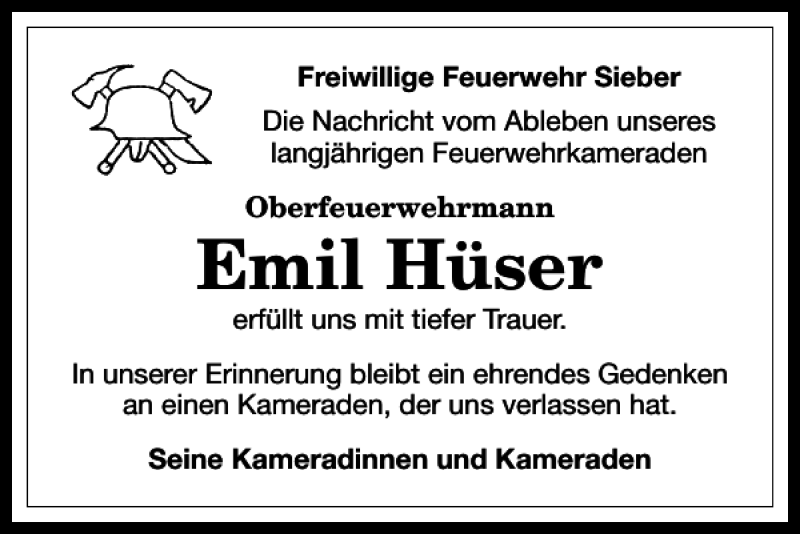  Traueranzeige für Emil Hüser vom 06.09.2017 aus Harz Kurier