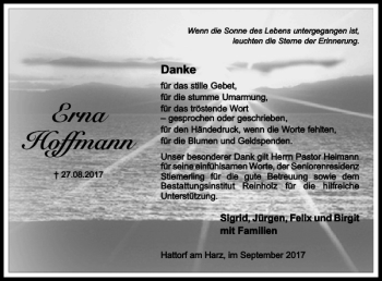 Traueranzeige von Erna Hoffmann von Harz Kurier