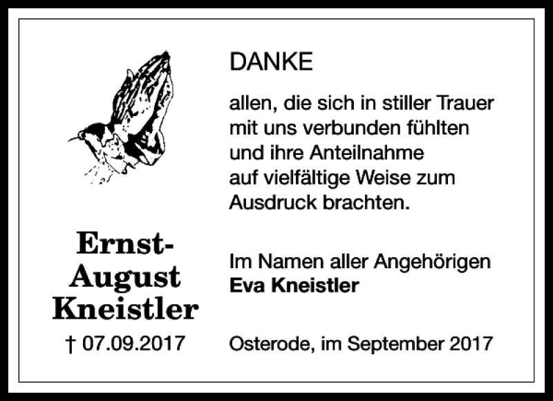  Traueranzeige für Ernst-August Kneistler vom 30.09.2017 aus Harz Kurier