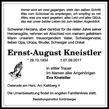 Traueranzeige von Ernst-August Kneistler von Harz Kurier