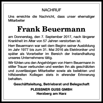 Traueranzeige von Frank Beuermann von Harz Kurier
