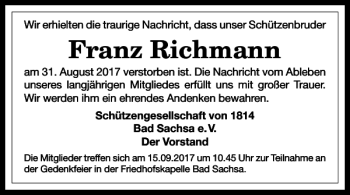 Traueranzeige von Franz Richmann von Harz Kurier