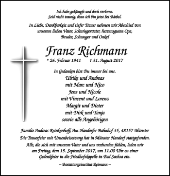 Traueranzeige von Franz Richmann von Harz Kurier