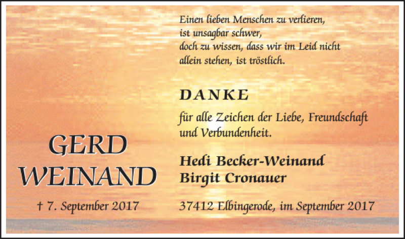  Traueranzeige für GERD WEINAND vom 21.09.2017 aus Harz Kurier