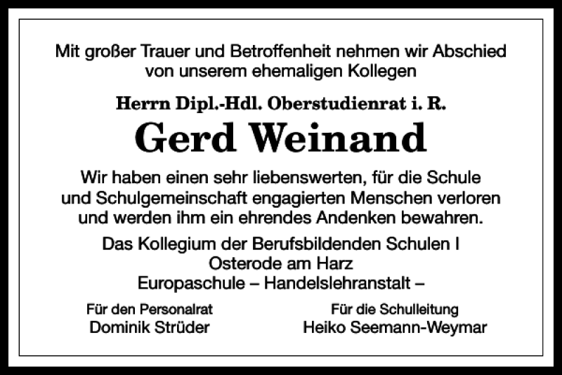  Traueranzeige für Gerd Weinand vom 13.09.2017 aus Harz Kurier