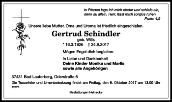 Traueranzeige von Gertrud Schindler von Harz Kurier