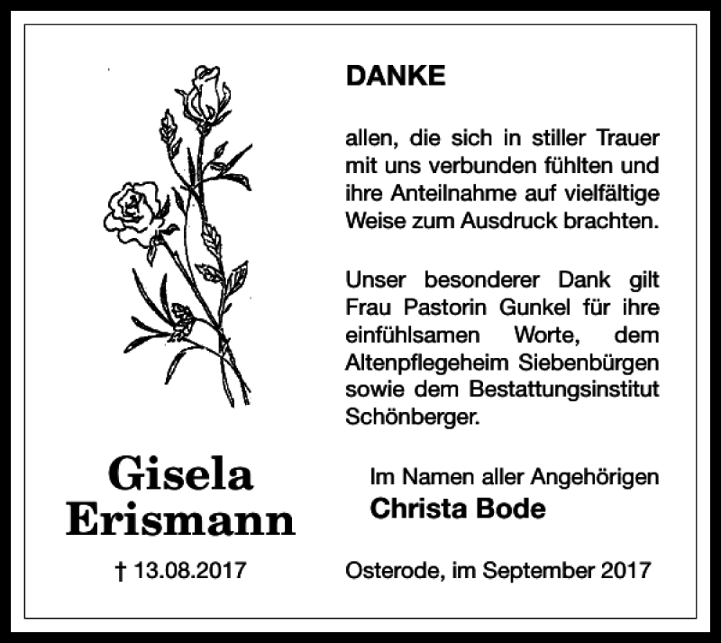  Traueranzeige für Gisela Erismann vom 16.09.2017 aus Harz Kurier
