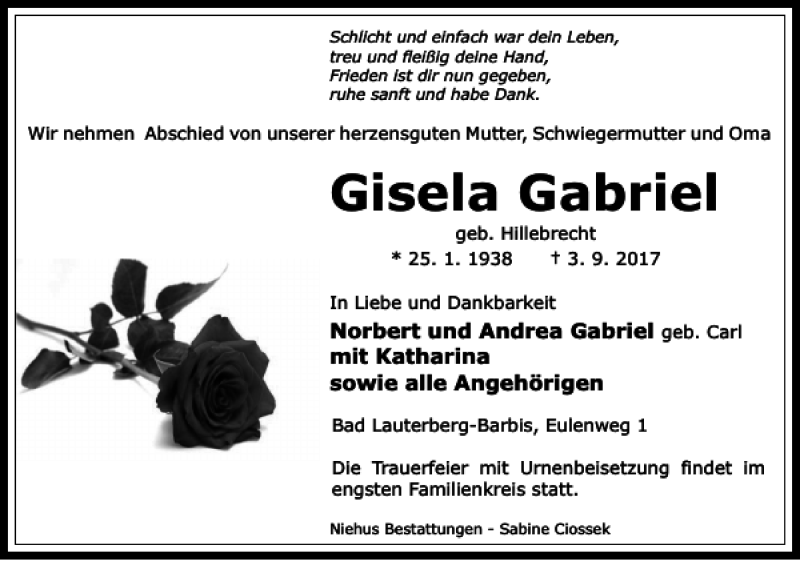 Traueranzeige für Gisela Gabriel vom 05.09.2017 aus Harz Kurier