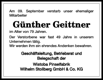 Traueranzeige von Günther Geittner von Harz Kurier