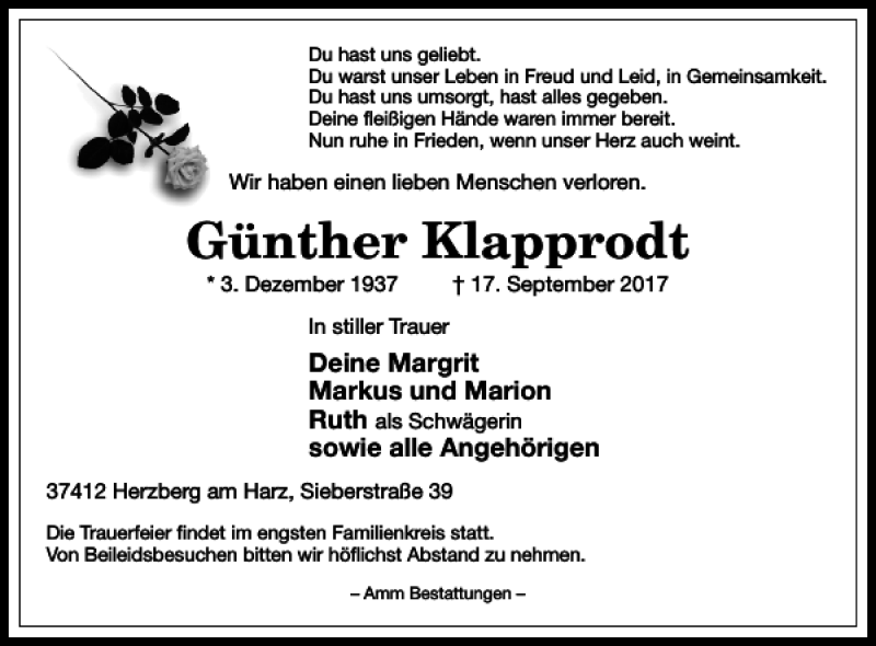  Traueranzeige für Günther Klapprodt vom 20.09.2017 aus Harz Kurier