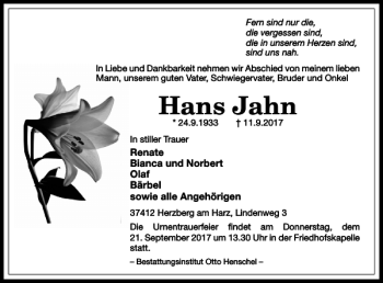 Traueranzeige von Hans Jahn von Harz Kurier