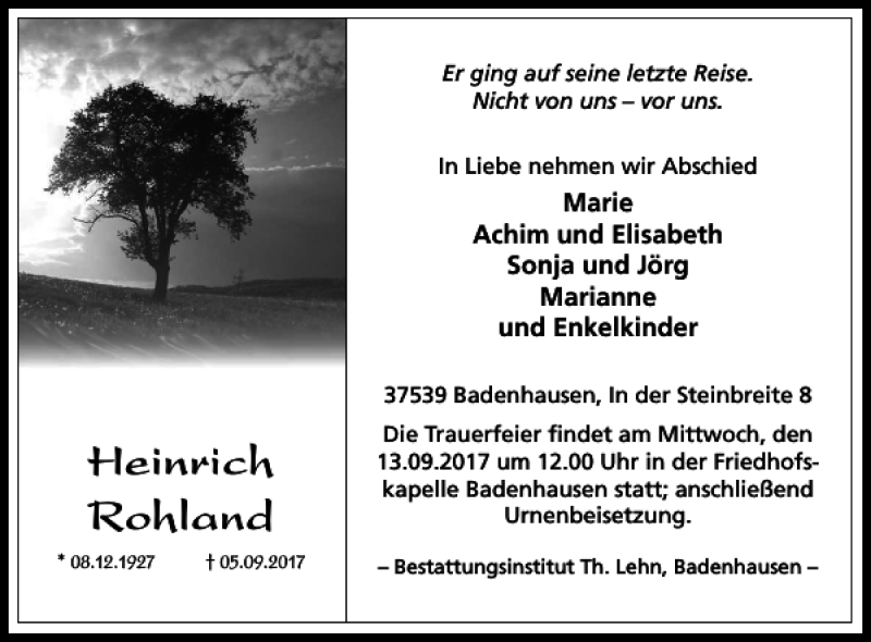  Traueranzeige für Heinrich Rohland vom 09.09.2017 aus Harz Kurier