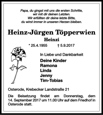 Traueranzeige von Heinz-Jürgen Töpperwien von Harz Kurier
