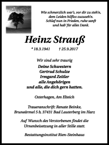 Traueranzeige von Heinz Strauß von Harz Kurier