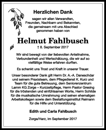 Traueranzeige von Helmut Fahlbusch von Harz Kurier