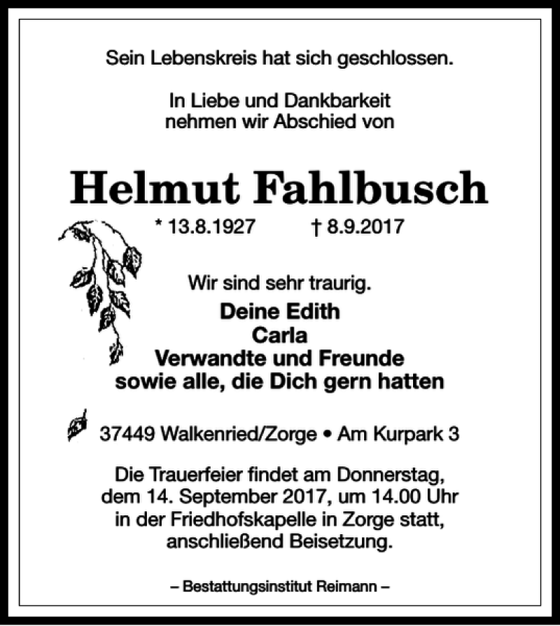  Traueranzeige für Helmut Fahlbusch vom 12.09.2017 aus Harz Kurier