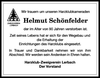 Traueranzeige von Helmut Schönfelder von Harz Kurier