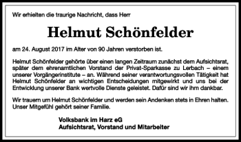 Traueranzeige von Helmut Schönfelder von Harz Kurier