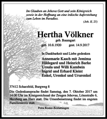 Traueranzeige von Hertha Völkner von Harz Kurier