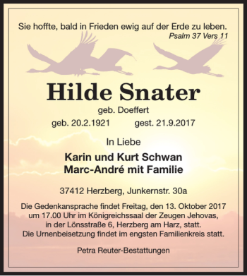 Traueranzeige von Hilde Snater von Harz Kurier