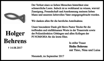 Traueranzeige von Holger Behrens von Harz Kurier