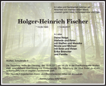 Traueranzeige von Holger-Heinrich Fischer von Harz Kurier