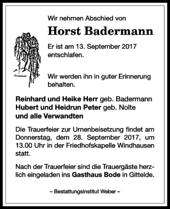 Traueranzeige von Horst Badermann von Harz Kurier