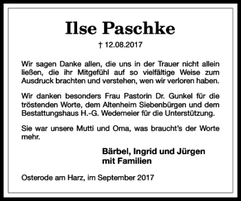 Traueranzeige von Ilse Paschke von Harz Kurier