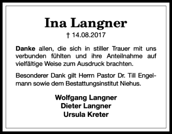Traueranzeige von Ina Langner von Harz Kurier