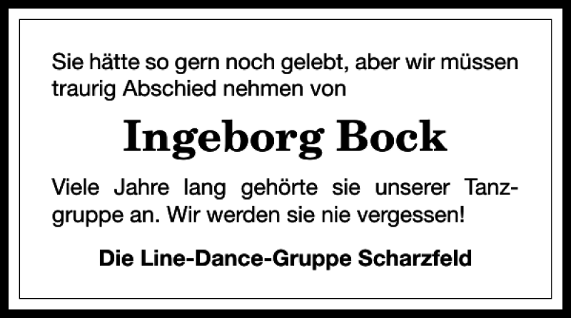  Traueranzeige für Ingeborg Bock vom 28.09.2017 aus Harz Kurier