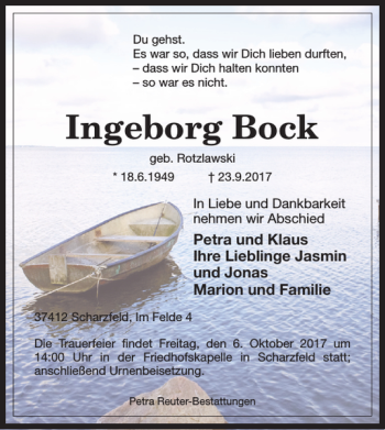 Traueranzeige von Ingeborg Bock von Harz Kurier