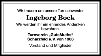 Traueranzeige von Ingeborg Bock von Harz Kurier